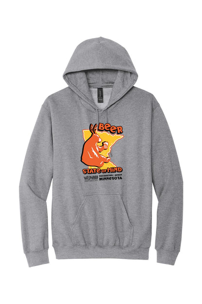 Sport grey midweight hoodie featuring a Wildwood Beer Minnesota graphic with a bear holding a beer on the front.