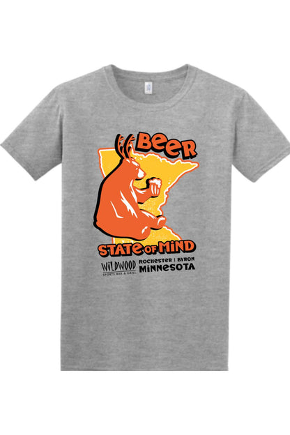 Sport grey cotton t-shirt featuring a bear drinking beer over a Minnesota state graphic and Wildwood branding.