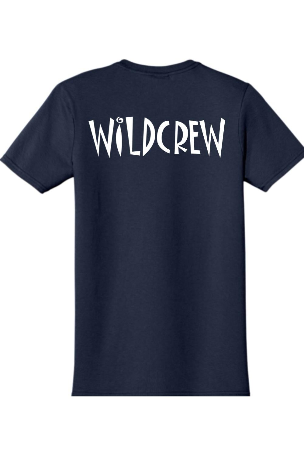 Navy blue short-sleeve cotton t-shirt featuring the white text WILDCREW printed across the back.