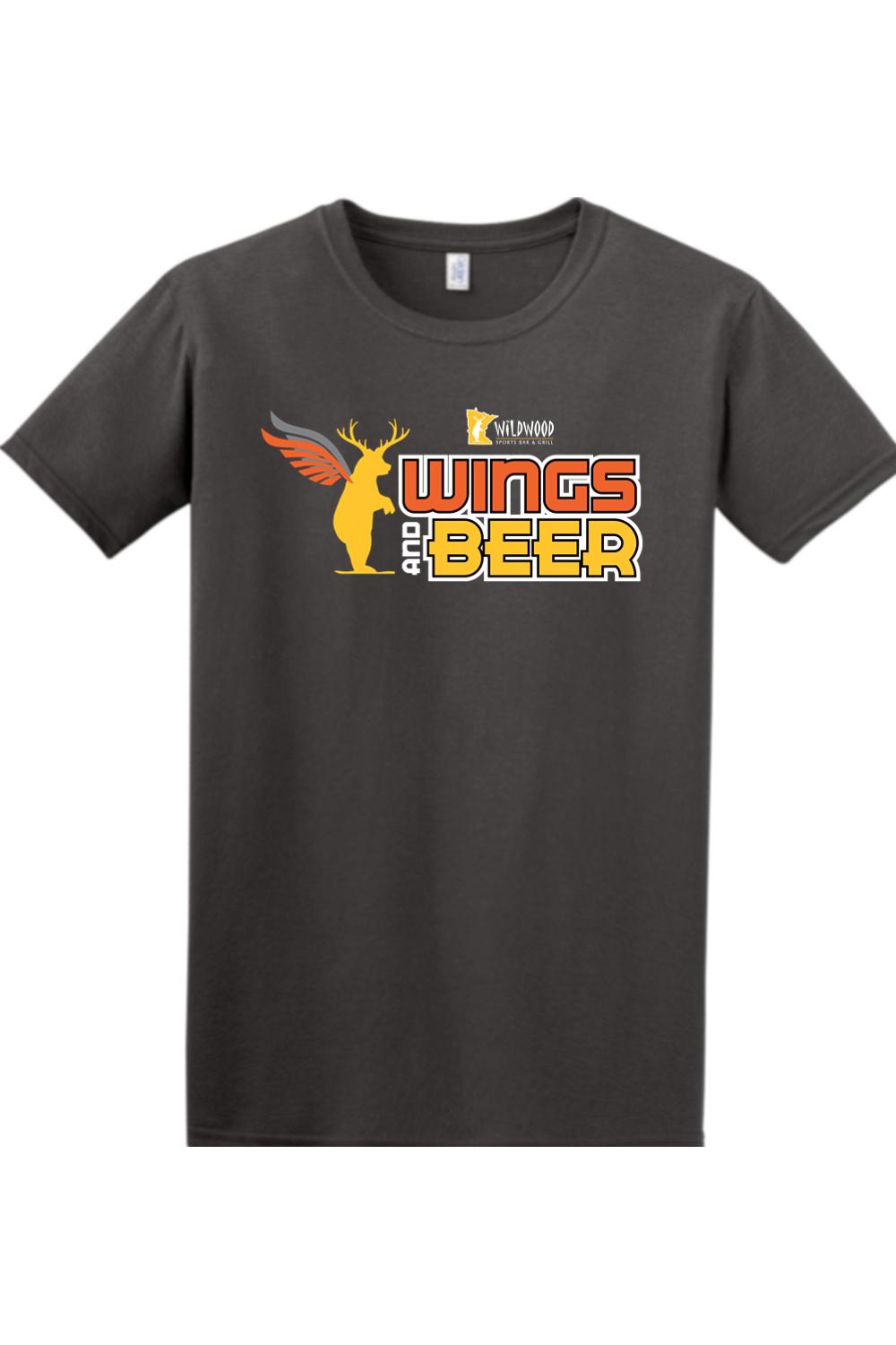 Charcoal grey cotton t-shirt featuring a Wildwood Sports Bar & Grill Wings and Beer graphic with a winged deer logo.