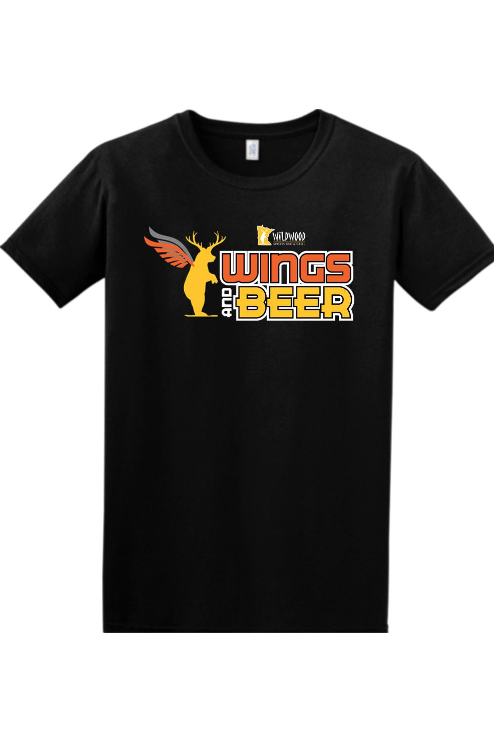 Black cotton crewneck T-shirt featuring a Wildwood Wings and Beer graphic with a winged deer logo on the chest.