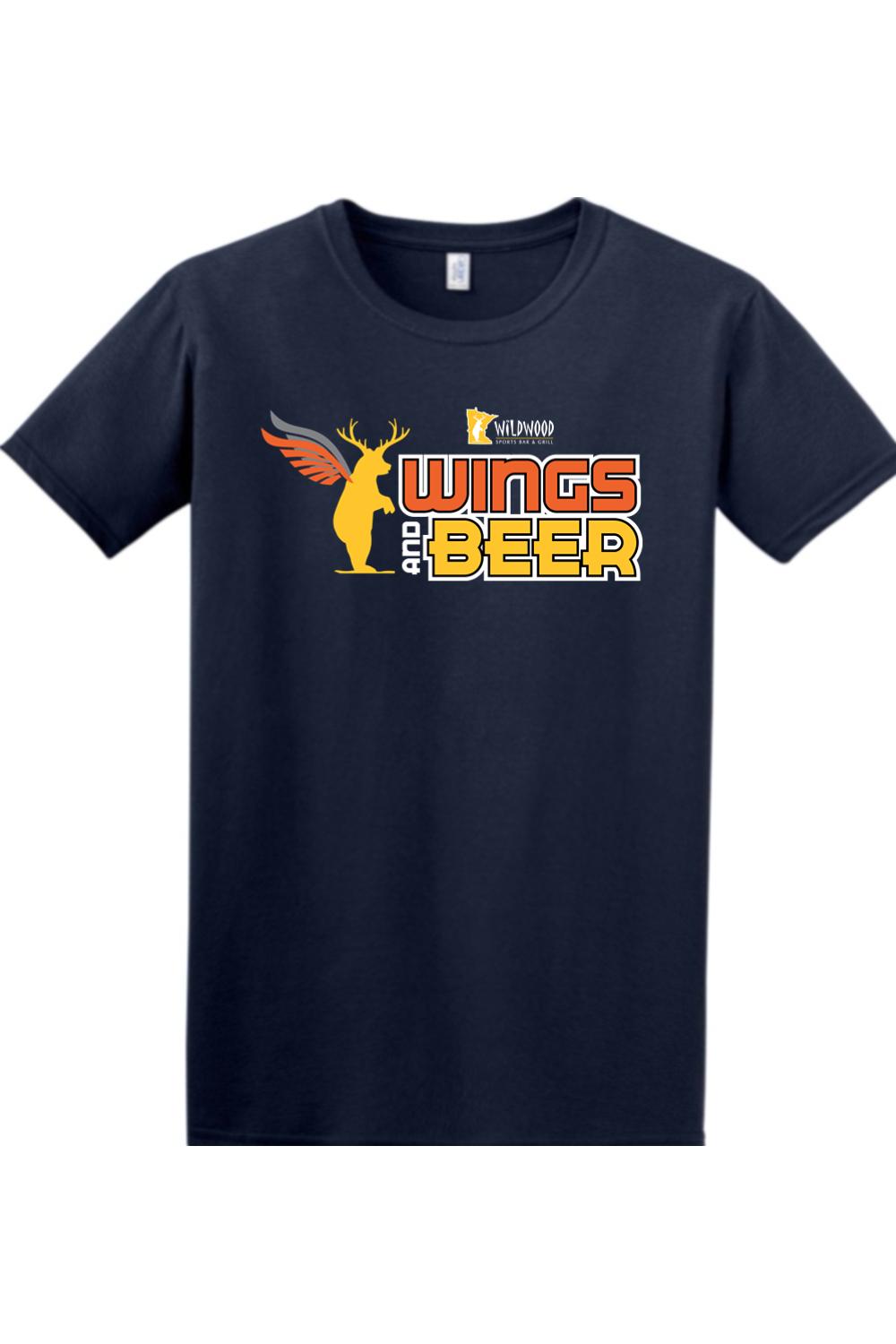Navy blue cotton crewneck T-shirt featuring a Wildwood Wings and Beer graphic with a winged bear logo.