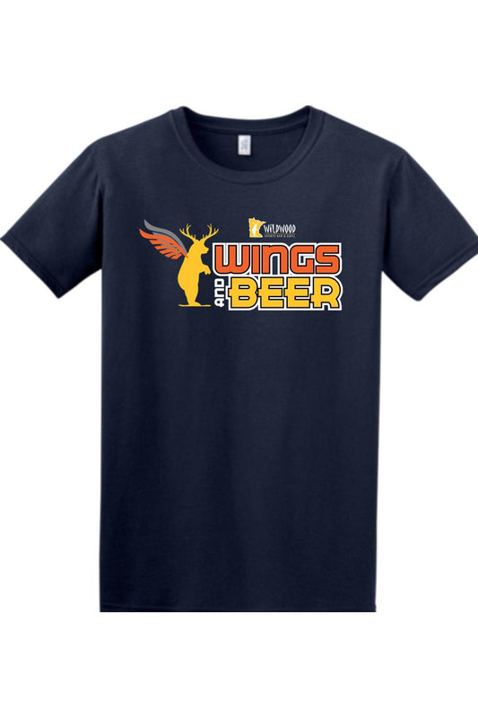 Navy blue cotton crewneck T-shirt featuring a Wildwood Wings and Beer graphic with a winged bear logo.
