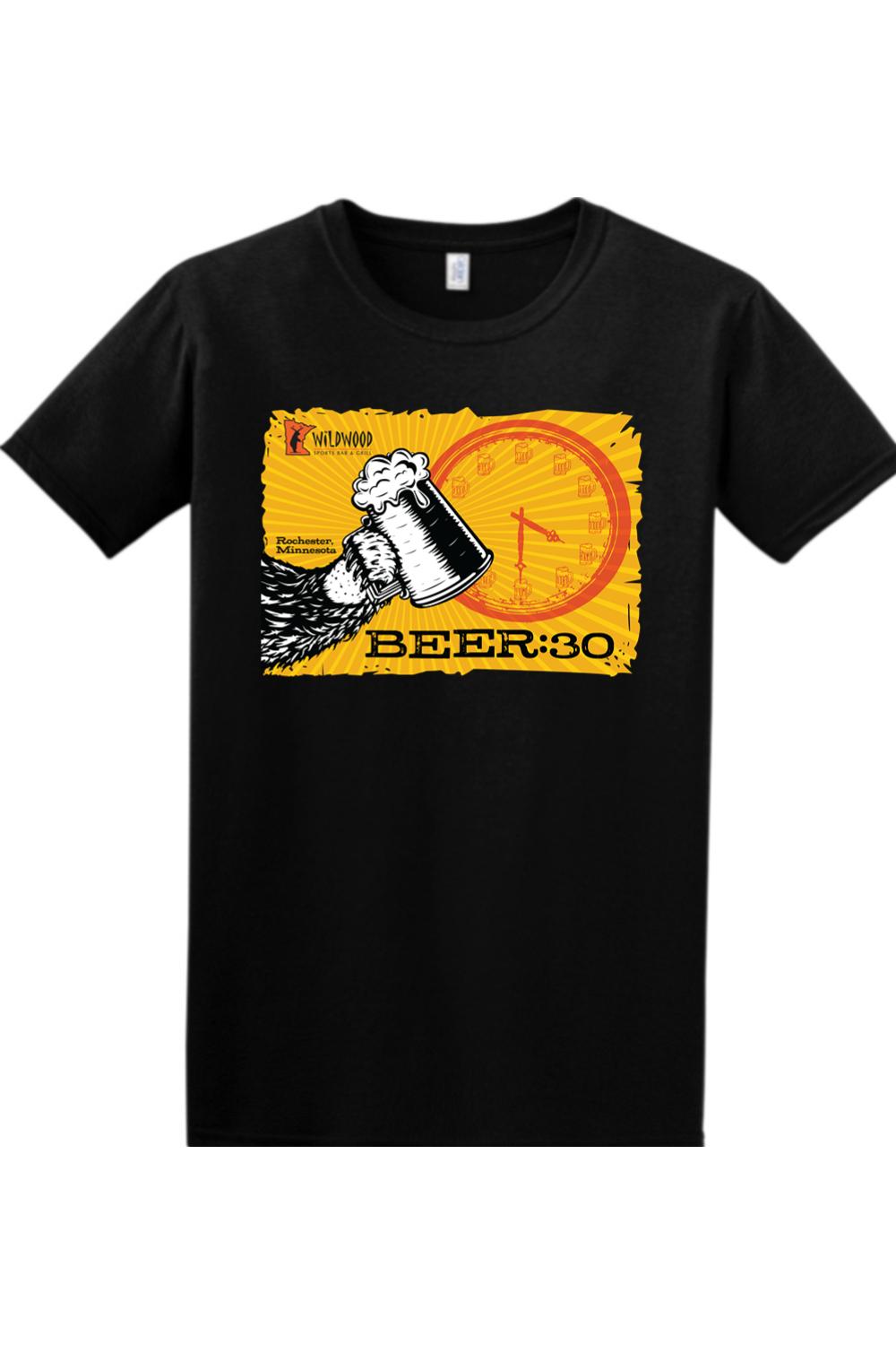 Black 100% cotton T-shirt featuring a Wildwood Beer:30 graphic with a beer mug and clock design on the chest.