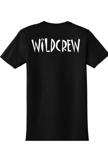 Black short-sleeve cotton T-shirt featuring the white Wildcrew logo printed on the back.