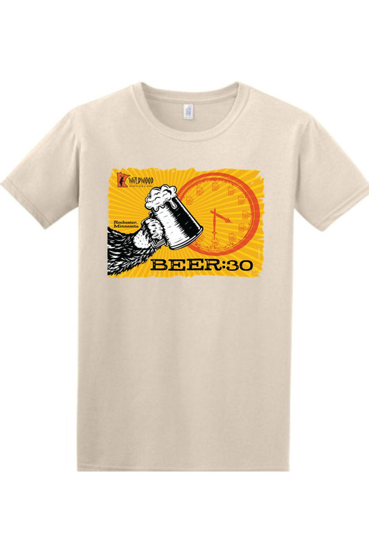 Soft beige cotton t-shirt featuring a Beer:30 graphic with a beer mug, clock, and Wildwood Sports Bar logo.