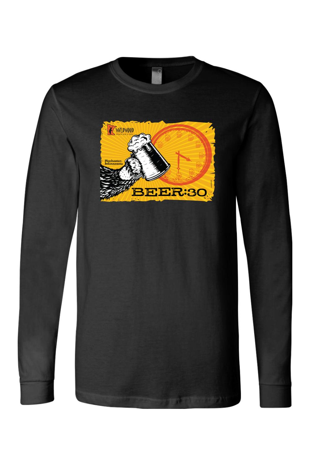 Black long-sleeve cotton jersey featuring a Wildwood Beer:30 graphic with a beer mug and clock design on the chest.