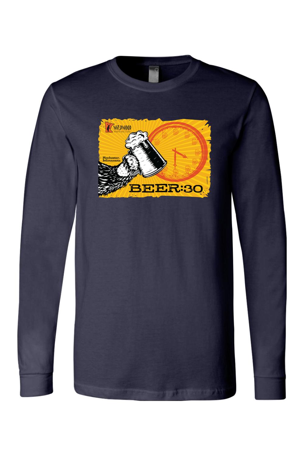 Navy blue long-sleeve cotton jersey featuring a yellow Beer:30 graphic with a beer mug and clock design.