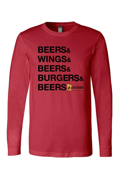 Red long-sleeve cotton jersey featuring black Beers & Wings & Burgers & Beers text and Wildwood logo graphic.