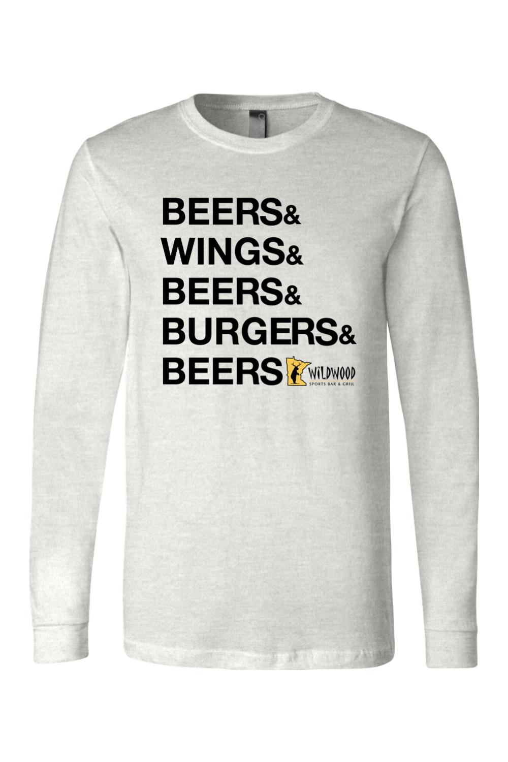Light grey long sleeve cotton jersey featuring black Beers, Wings, and Burgers text with Wildwood logo graphic.