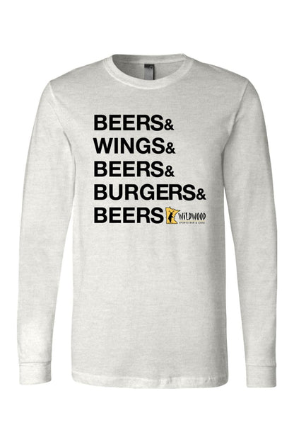 Light grey long sleeve cotton jersey featuring black Beers, Wings, and Burgers text with Wildwood logo graphic.