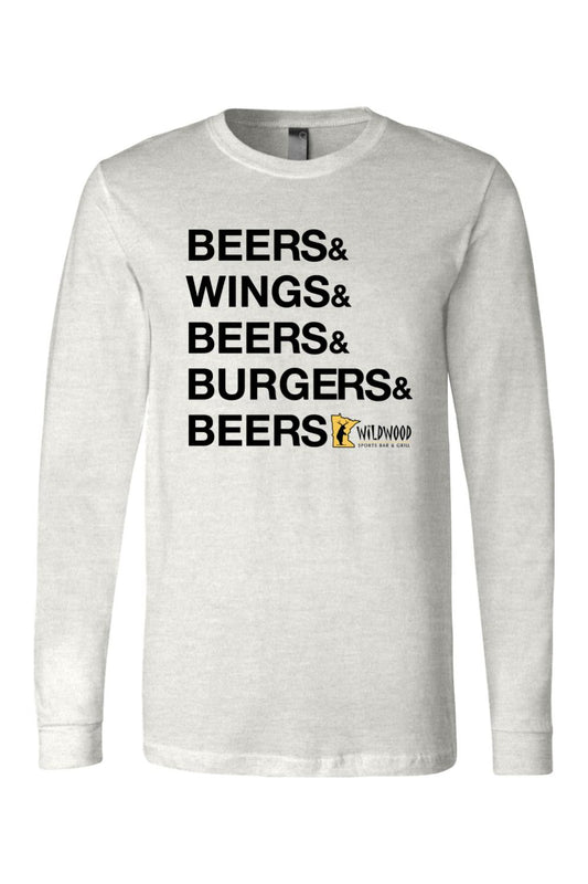Light grey long sleeve cotton jersey featuring black Beers, Wings, and Burgers text with Wildwood logo graphic.