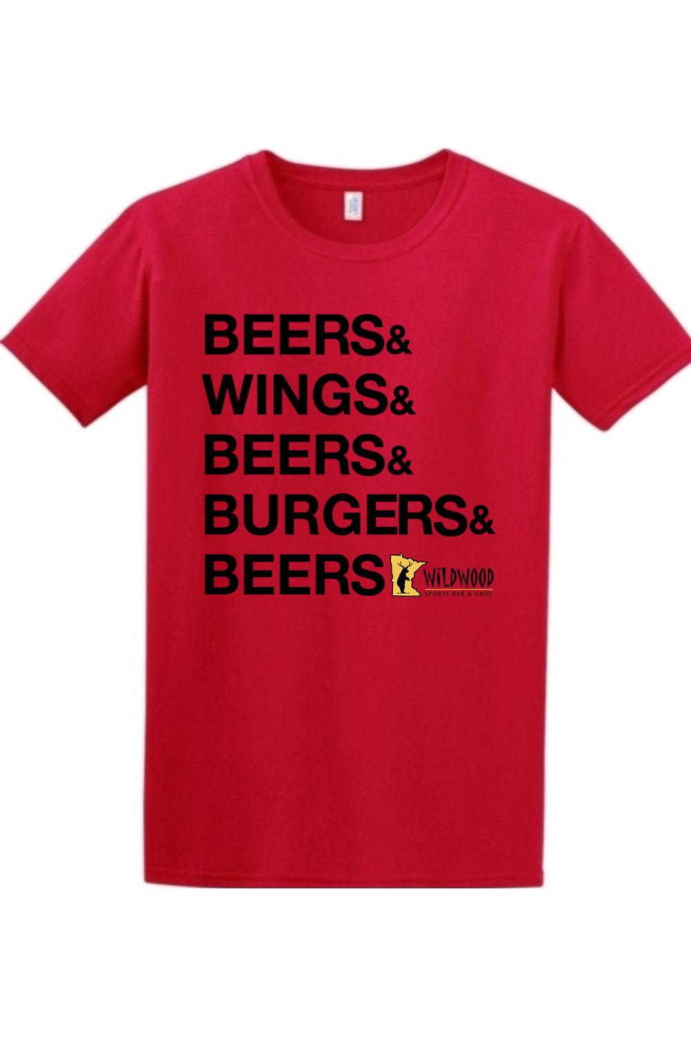 Red cotton crewneck t-shirt featuring black text reading Beers & Wings & Beers & Burgers & Beers with Wildwood logo.
