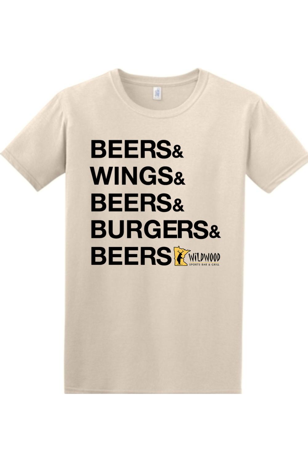 Beige cotton crewneck t-shirt featuring black Beers & Wings & Burgers text and Wildwood Sports Bar logo.