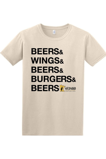 Beige cotton crewneck t-shirt featuring black Beers & Wings & Burgers text and Wildwood Sports Bar logo.