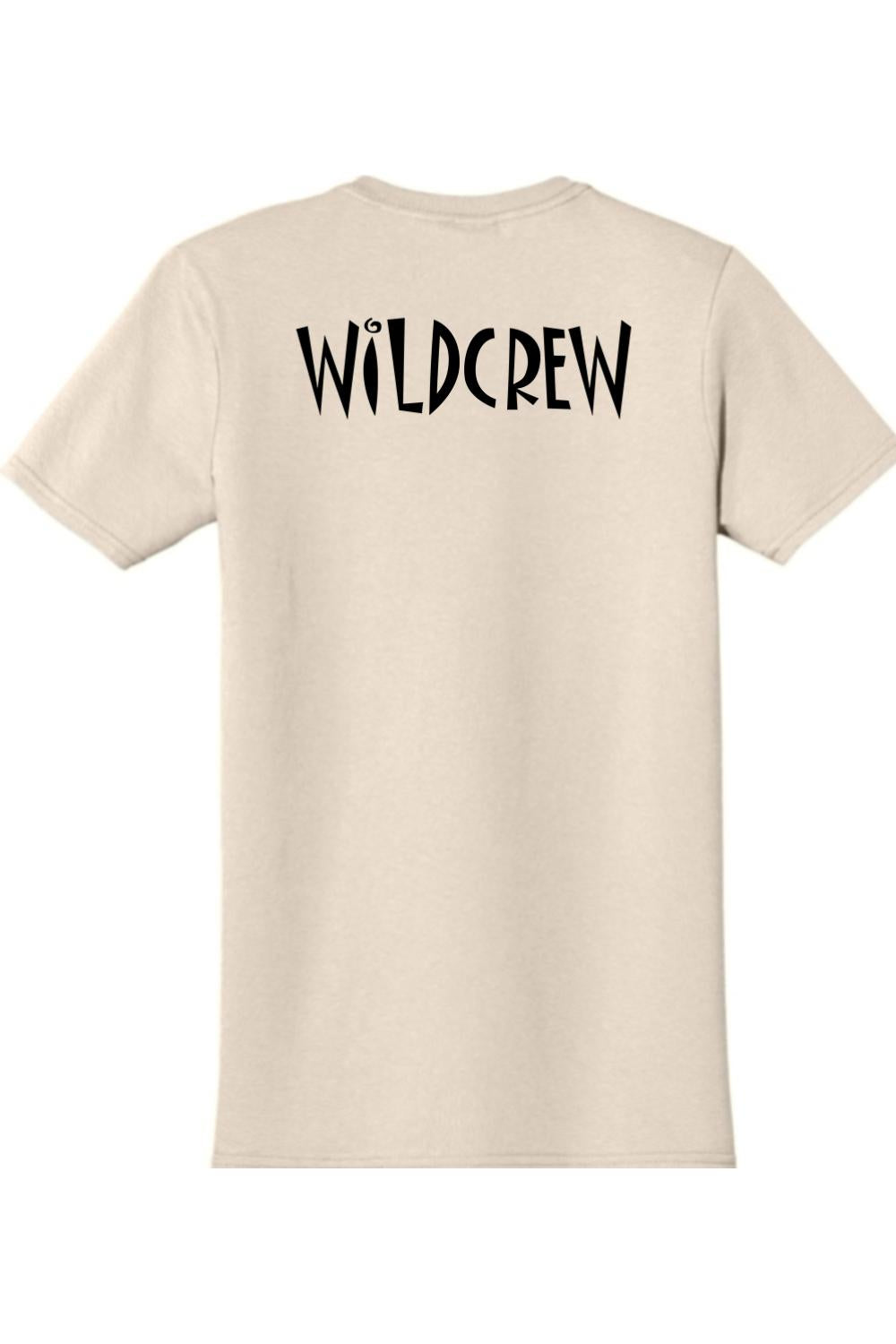 Beige short-sleeve cotton t-shirt featuring the black text WILDCREW printed on the back.
