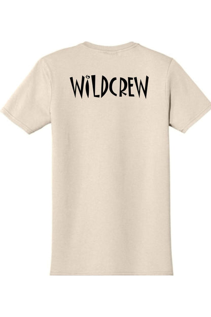 Beige short-sleeve cotton t-shirt featuring the black text WILDCREW printed on the back.