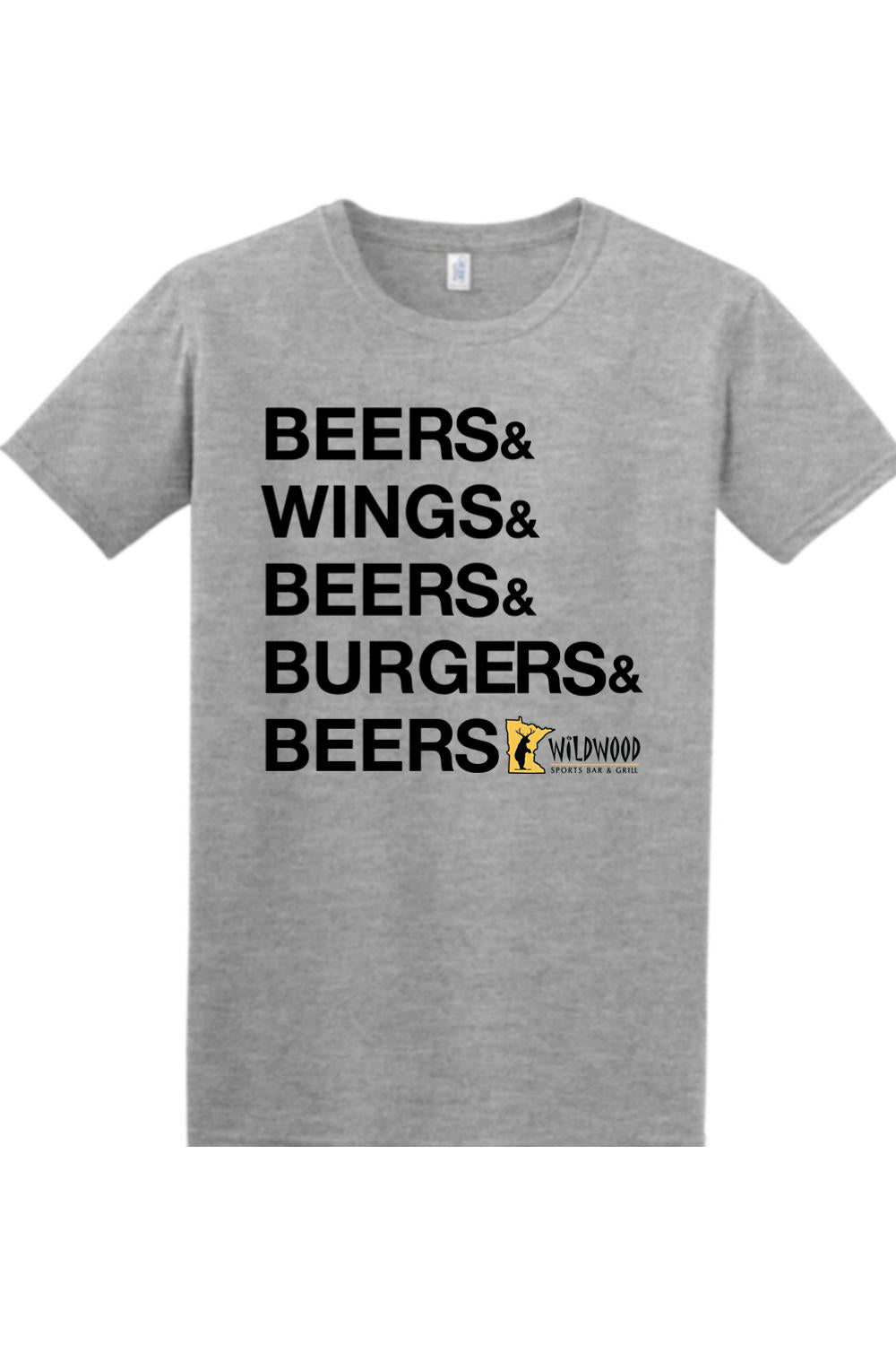 Sport grey cotton t-shirt featuring black text reading Beers & Wings & Beers & Burgers & Beers with Wildwood logo.