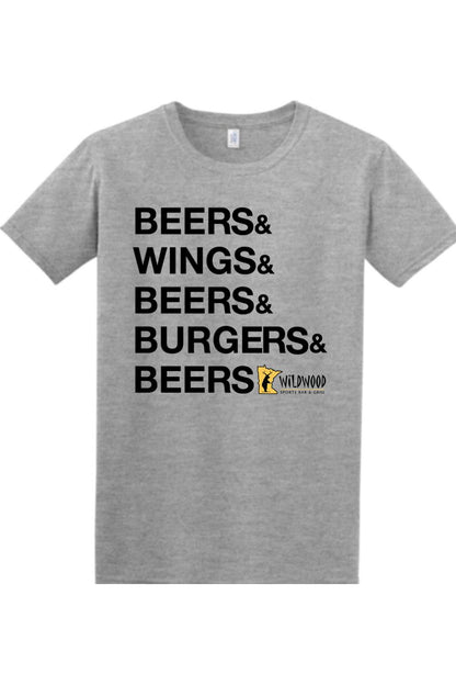 Sport grey cotton t-shirt featuring black text reading Beers & Wings & Beers & Burgers & Beers with Wildwood logo.