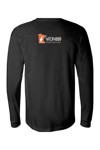 Black long-sleeve cotton jersey featuring a Wildwood Sports Bar & Grill logo with a Minnesota state silhouette on the back.