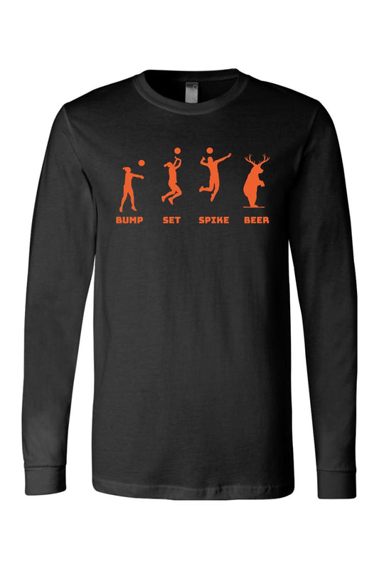 Black long-sleeve cotton jersey featuring an orange graphic of volleyball players and a beer-drinking deer.