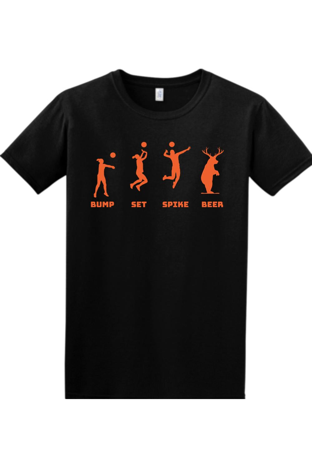 Black cotton t-shirt featuring an orange graphic of volleyball players and a beer-drinking deer with the text Bump Set Spike Beer.