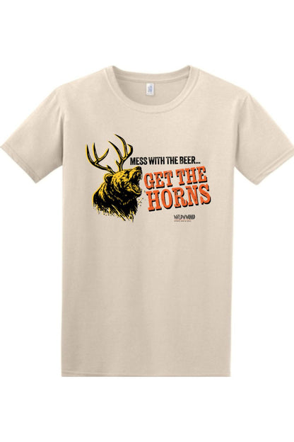 Beige cotton crewneck t-shirt featuring a bear with antlers graphic and the text Mess with the Beer Get the Horns.