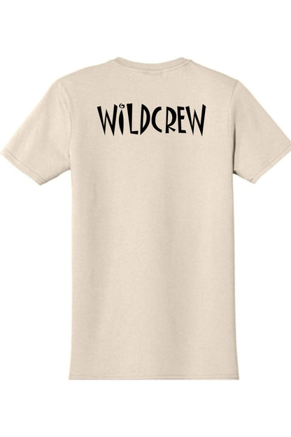 Beige short-sleeve cotton t-shirt featuring the black text WILDCREW printed across the upper back.