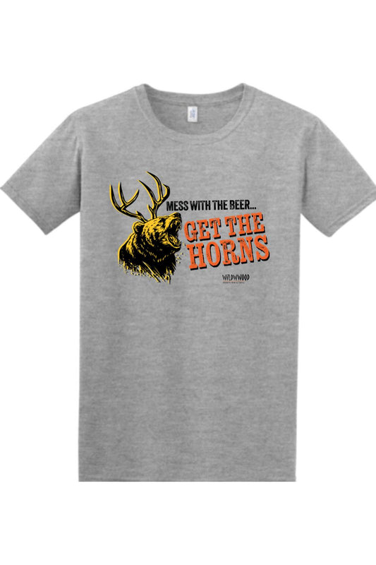 Sport grey cotton t-shirt featuring a bear with antlers graphic and Mess With The Beer Get The Horns text.