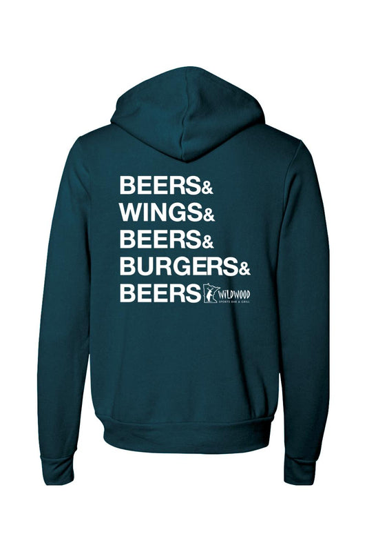 Dark teal full-zip hoodie featuring white text on the back that reads Beers, Wings, Burgers, and Wildwood Sports Bar logo.