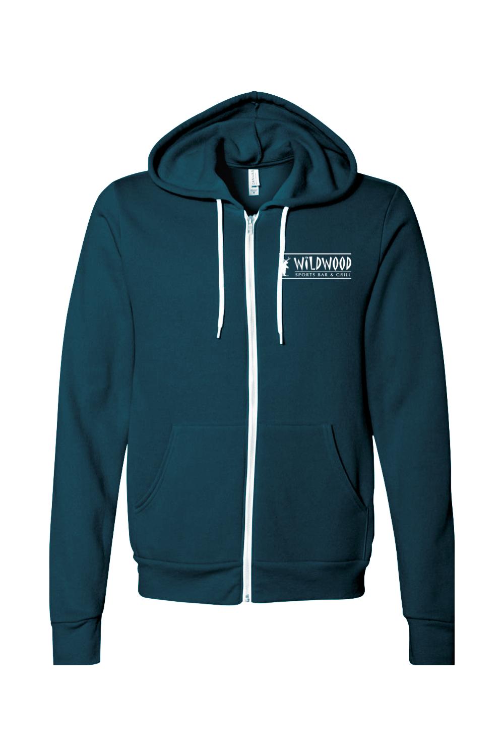 Teal full-zip hoodie with white drawstrings and a Wildwood Sports Bar & Grill logo on the chest.