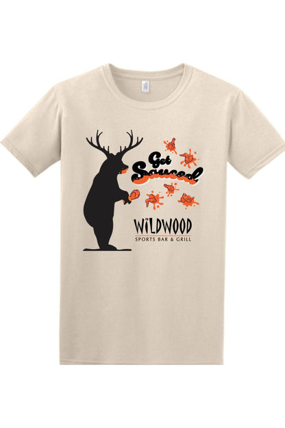Beige crewneck t-shirt featuring a black bear graphic, orange chicken wings, and Wildwood Sports Bar & Grill branding.