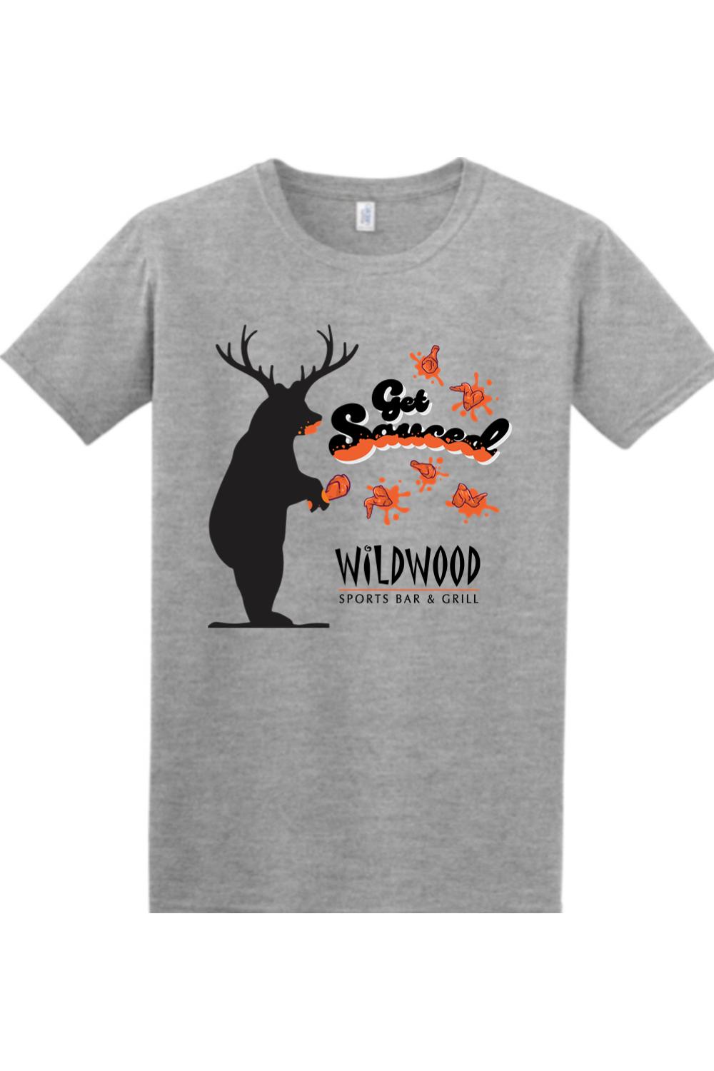 Sport grey cotton t-shirt featuring a black bear graphic, Get Sauced text, and orange chicken wing illustrations.