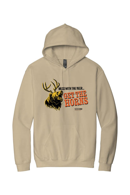Tan midweight hoodie featuring a bear with antlers graphic and Get the Horns text on the front.
