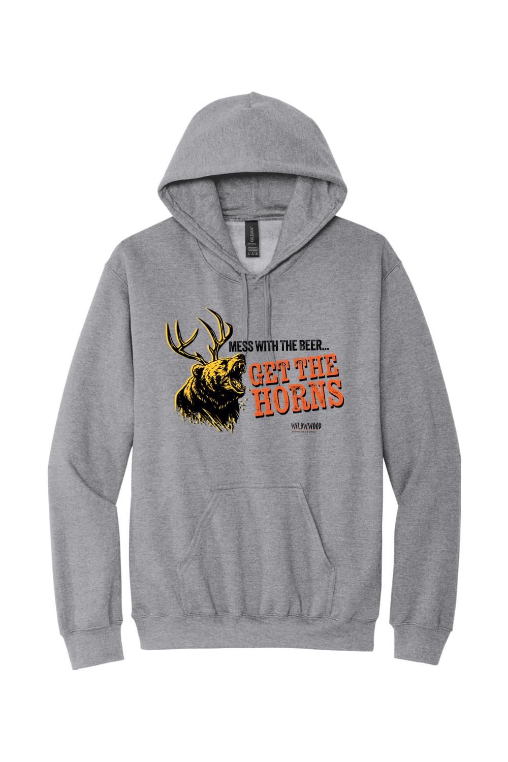 Sport grey midweight hoodie featuring a bear with antlers graphic and Get the Horns text on the front.