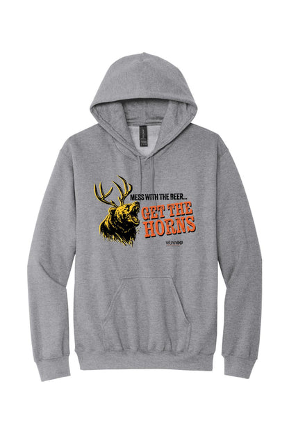 Sport grey midweight hoodie featuring a bear with antlers graphic and Get the Horns text on the front.