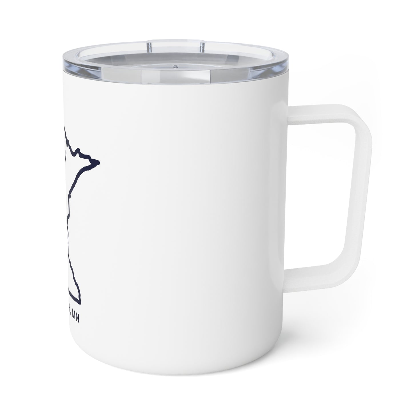 White 10oz stainless steel insulated mug with a Minnesota state outline and clear acrylic snap-on lid.