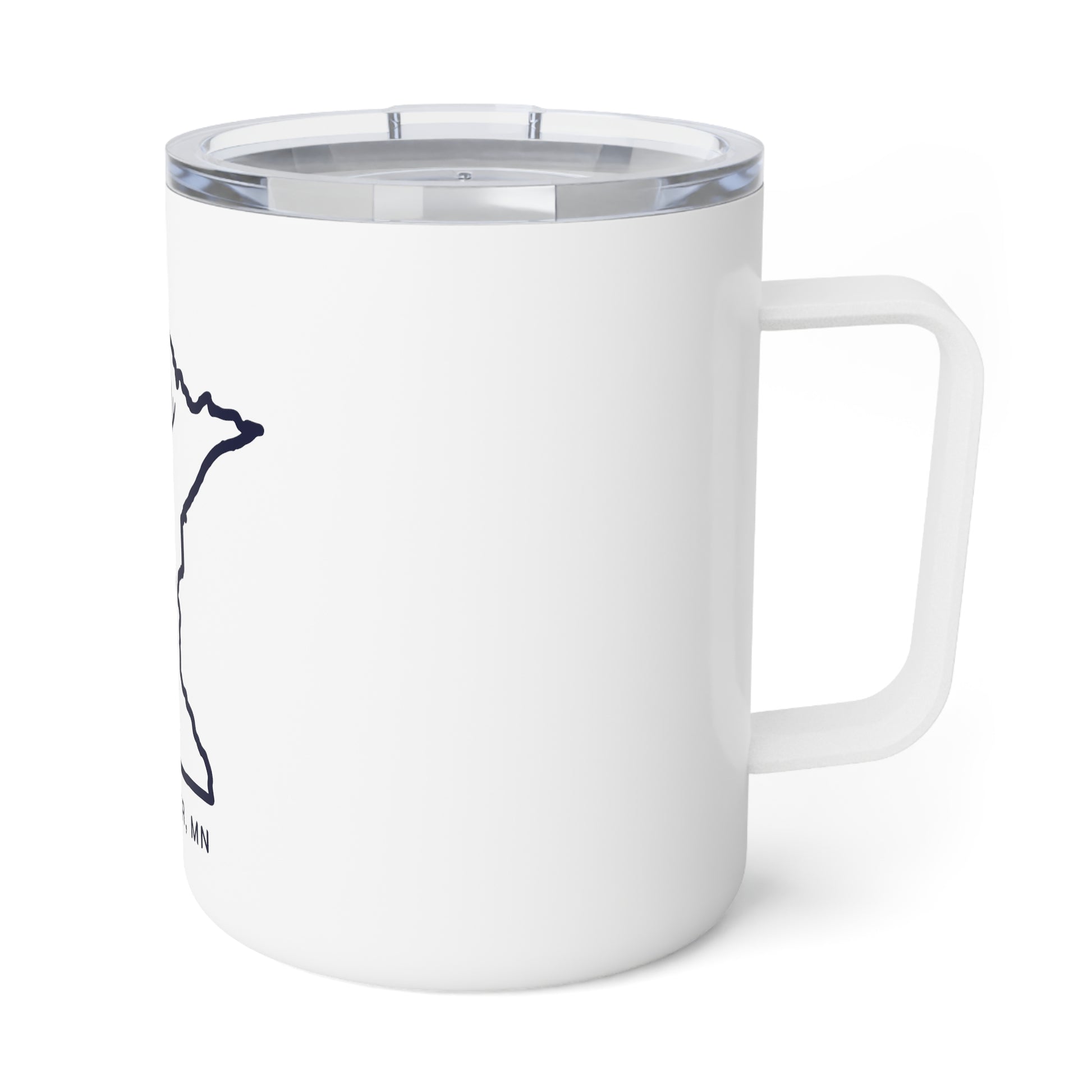 White 10oz stainless steel insulated mug with a Minnesota state outline and clear acrylic snap-on lid.