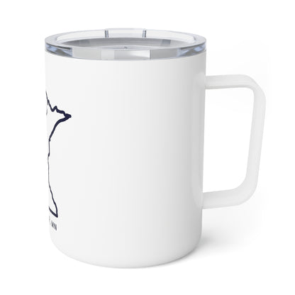 White 10oz stainless steel insulated mug with a Minnesota state outline and clear acrylic snap-on lid.