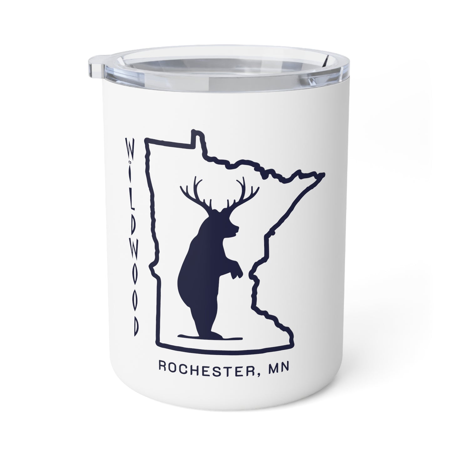 White 10oz stainless steel insulated mug with a clear lid, featuring a Minnesota state outline, bear, and text.
