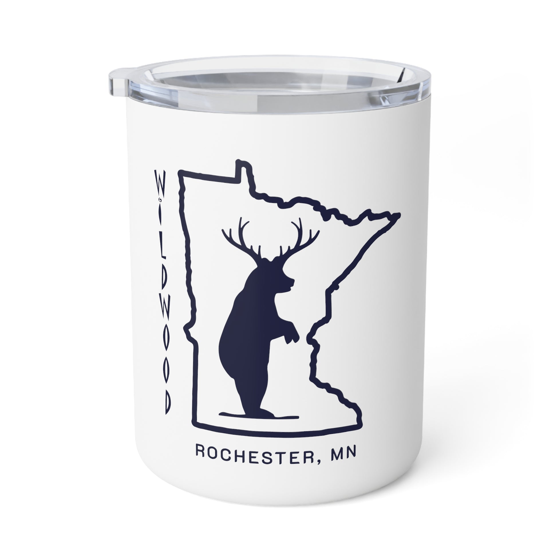 White 10oz stainless steel insulated mug with a clear lid, featuring a Minnesota state outline, bear, and text.