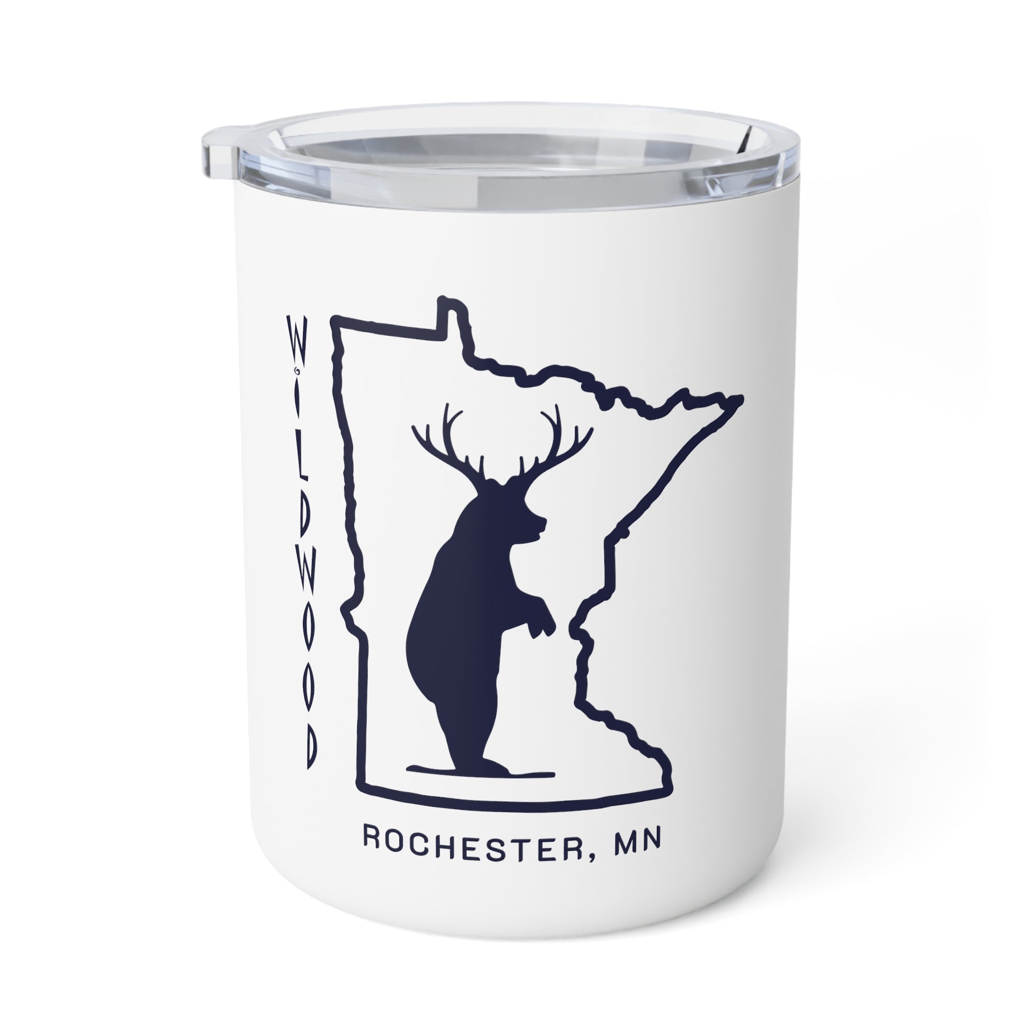 White 10oz stainless steel insulated mug with a clear lid, featuring a Minnesota state outline, bear, and text.