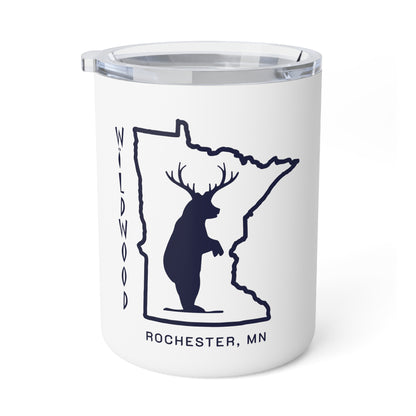 White 10oz stainless steel insulated mug with a clear lid, featuring a Minnesota state outline, bear, and text.