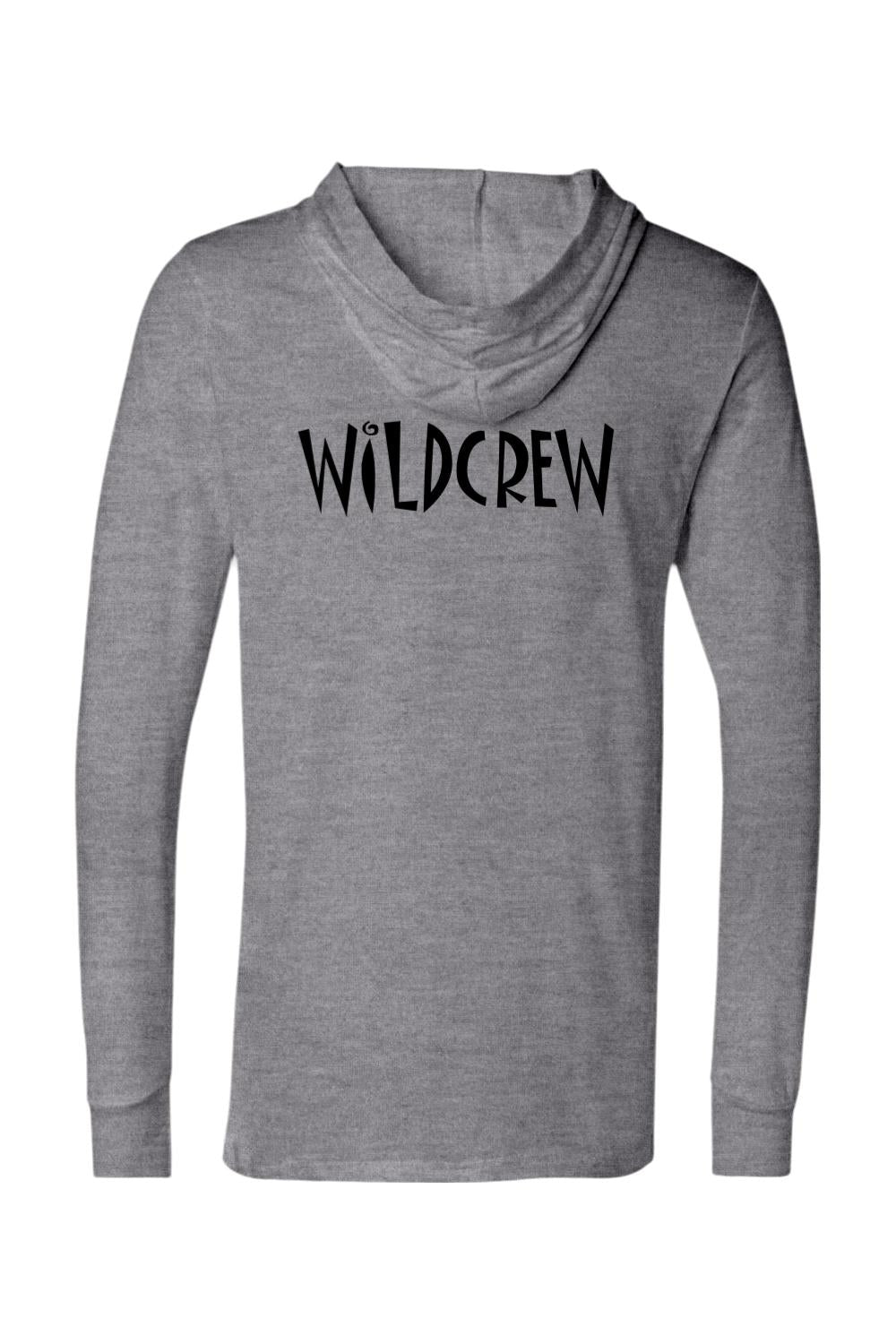 Heather gray long-sleeve hooded jersey tee featuring the black Wildcrew logo printed on the chest.