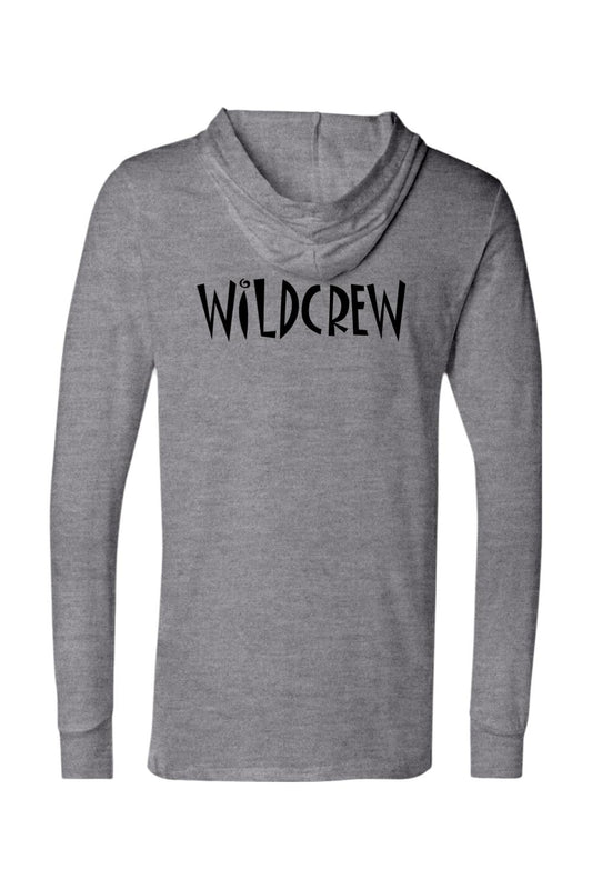 Heather gray long-sleeve hooded jersey tee featuring the black Wildcrew logo printed on the chest.
