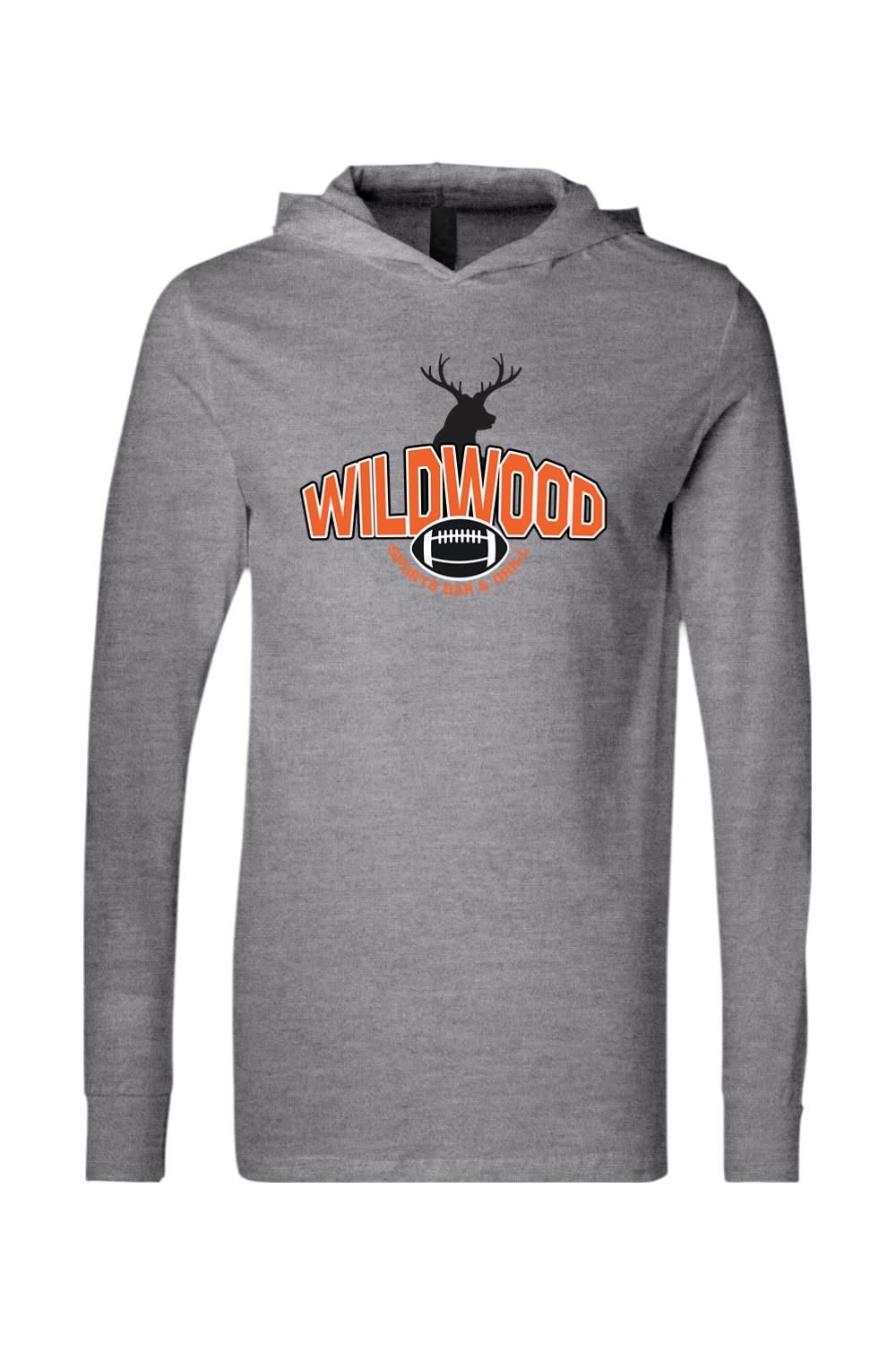 Grey long-sleeve hooded jersey tee featuring a Wildwood Sports Bar & Grill logo with a deer and football graphic.