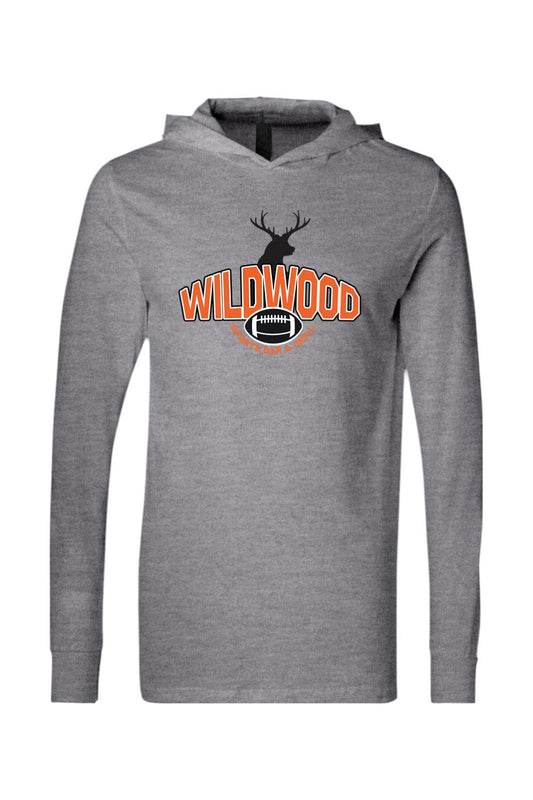 Grey long-sleeve hooded jersey tee featuring a Wildwood Sports Bar & Grill logo with a deer and football graphic.