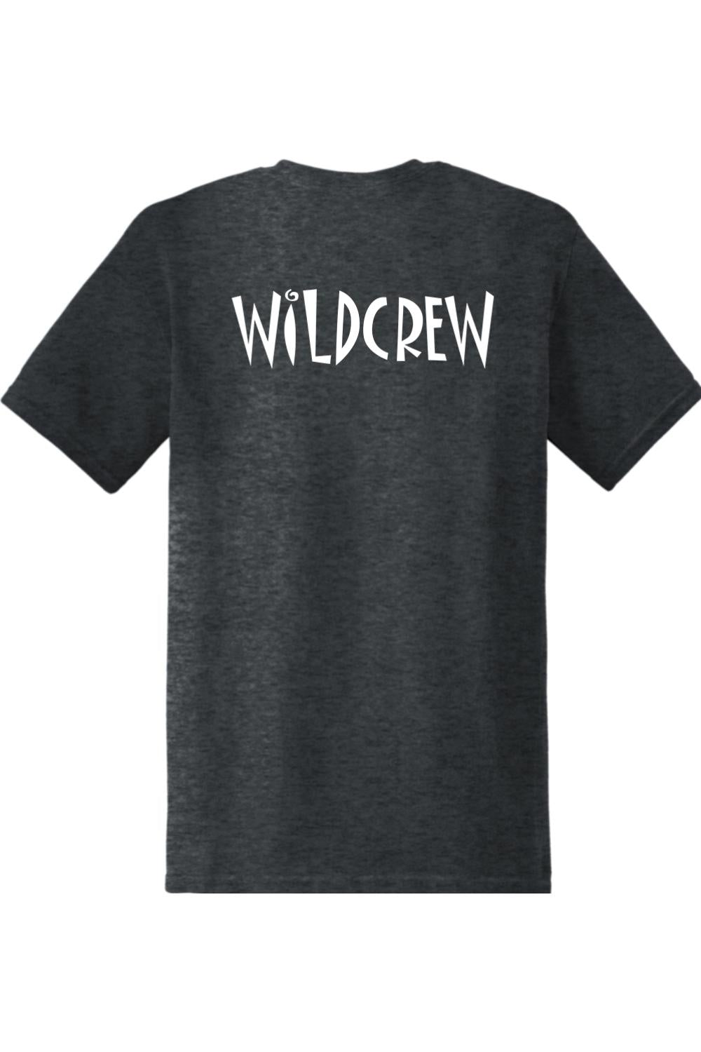 Dark charcoal grey 100% cotton t-shirt featuring the white text WILDCREW printed on the back.