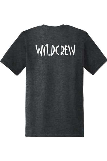 Dark charcoal grey 100% cotton t-shirt featuring the white text WILDCREW printed on the back.