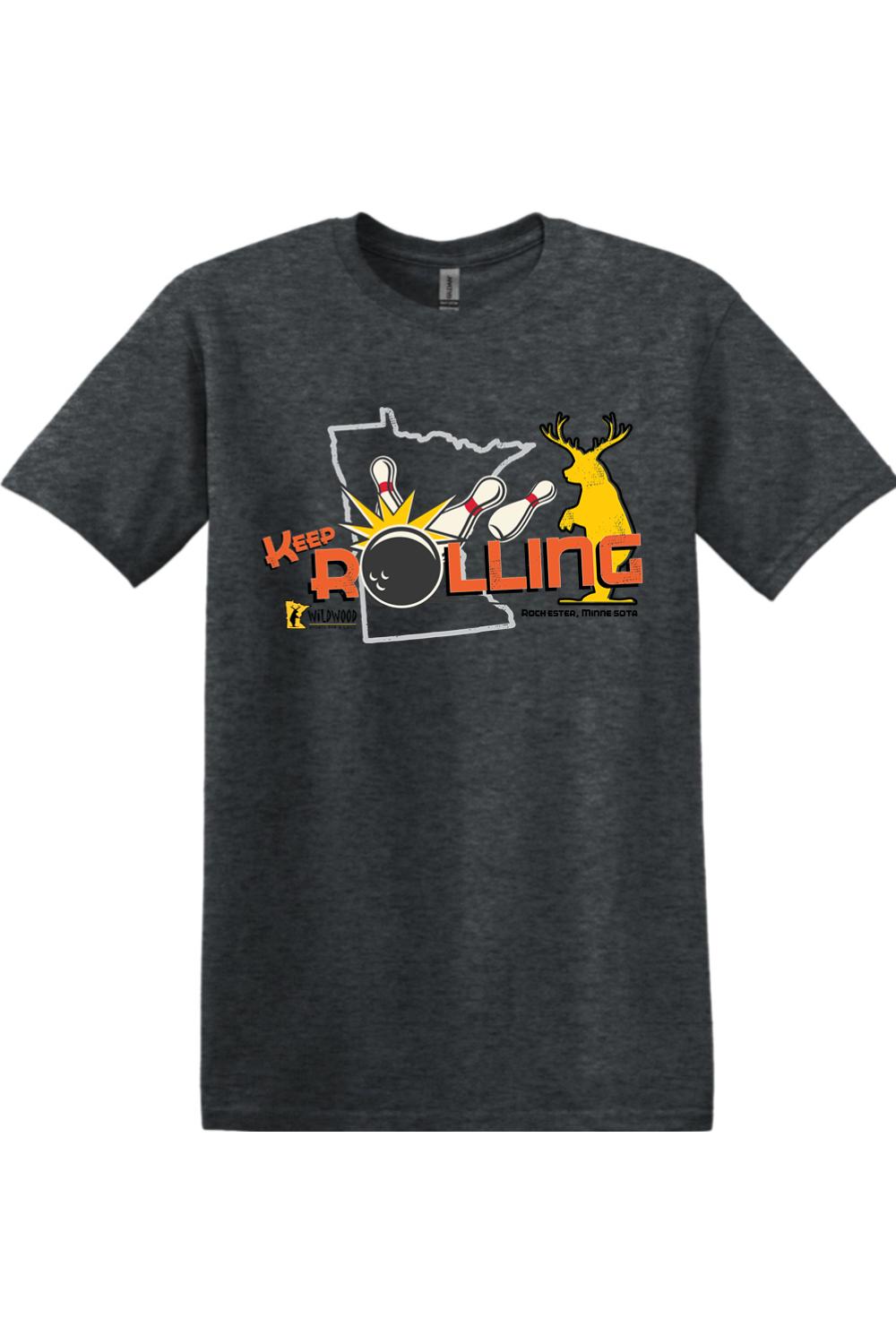 Dark charcoal heather cotton t-shirt featuring a Wildwood Keep Rolling graphic with a Minnesota map, bowling pins, and deer.